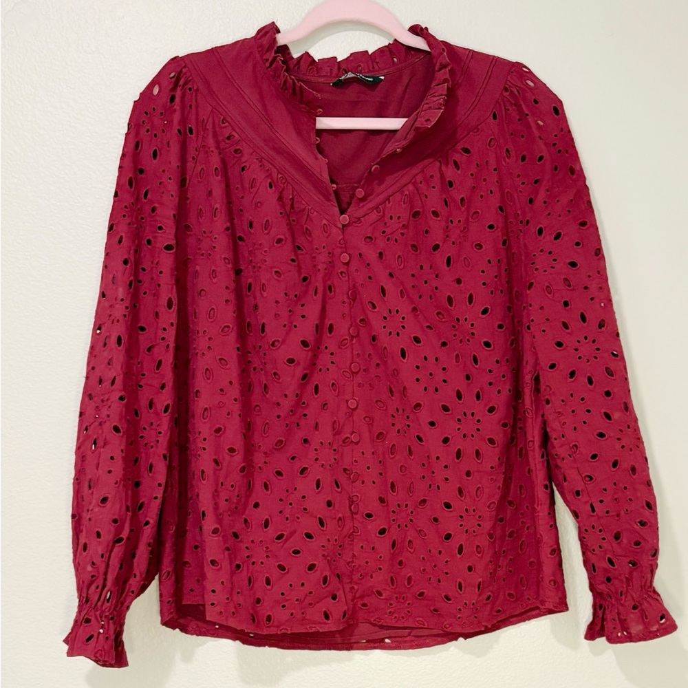 PRETTYGARDEN Eyelet Blouse (Wine Red)